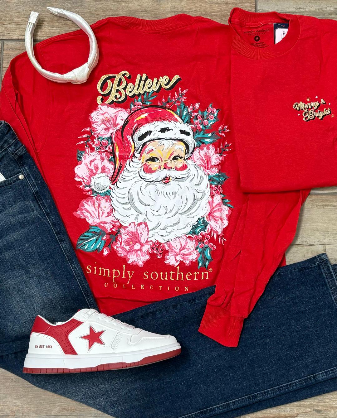 Simply Southern Believe Floral Santa Long Sleeve Graphic Tee