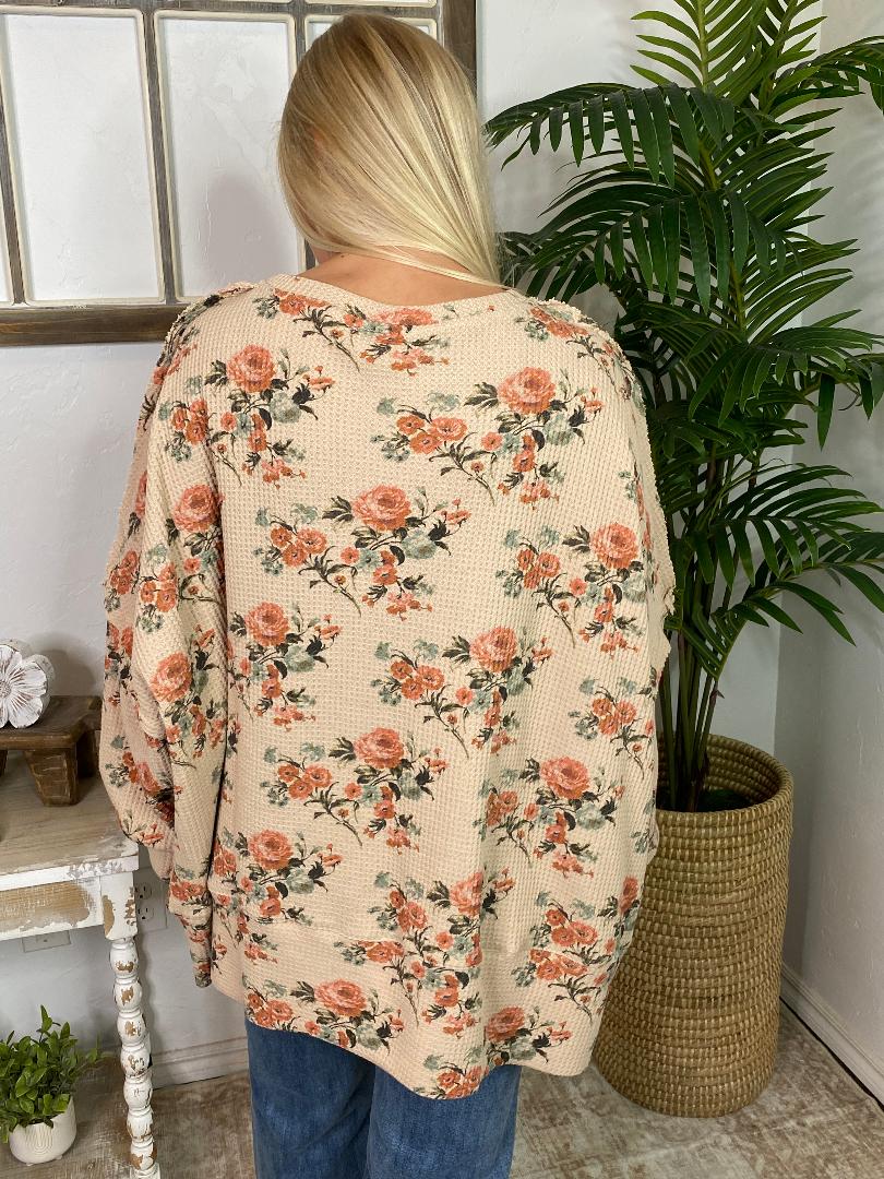 Floral Cut Edge Oversized Waffle Thermal Top