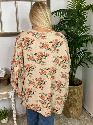 Floral Cut Edge Oversized Waffle Thermal Top