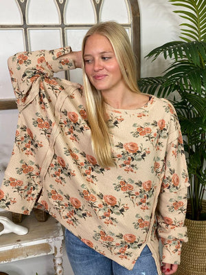 Floral Cut Edge Oversized Waffle Thermal Top