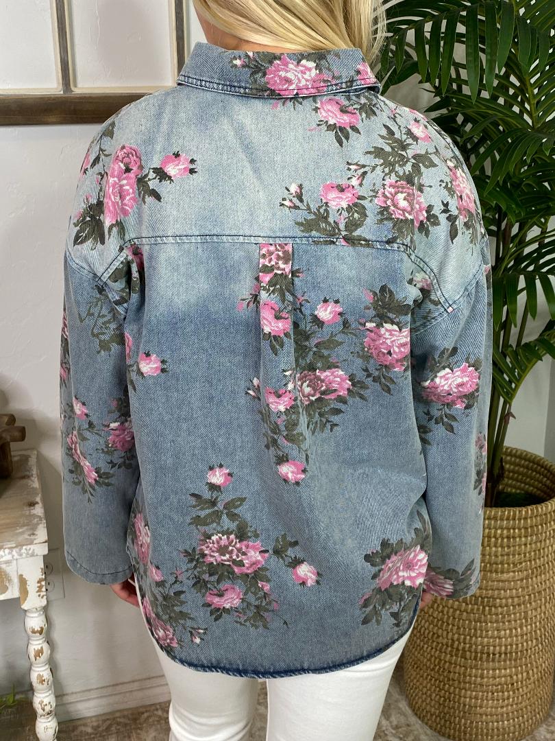 Floral Printed Denim Button Up Shirt