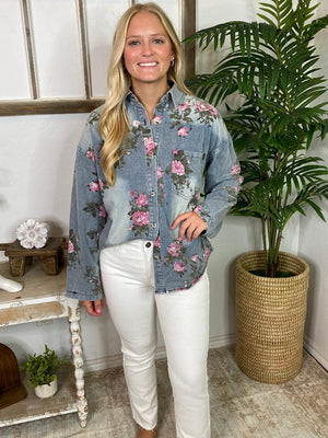 Floral Printed Denim Button Up Shirt