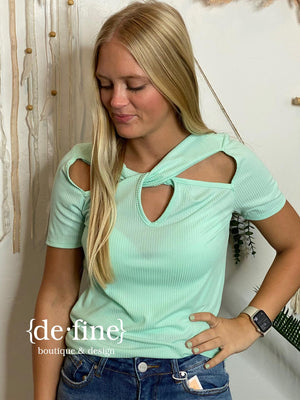 Flashdance Rib Knit Top with Cut Outs and Front Twist in Mint or Lavender