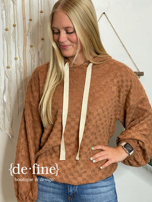 Bougie Check Fuzzy Hoodie in Brown or Ivory