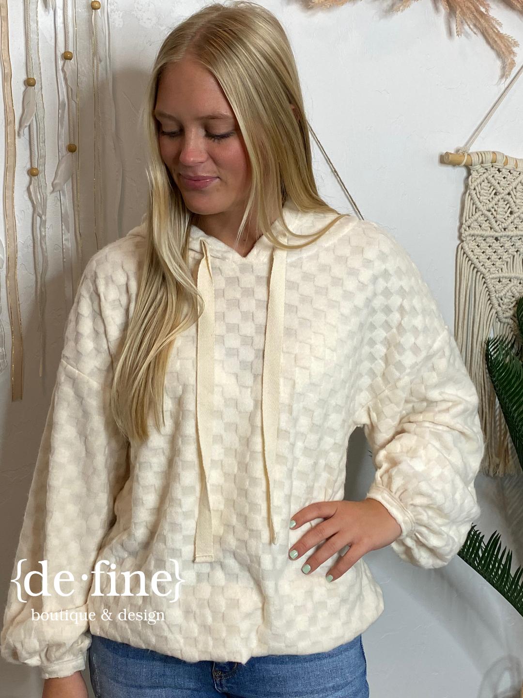 Bougie Check Fuzzy Hoodie in Brown or Ivory