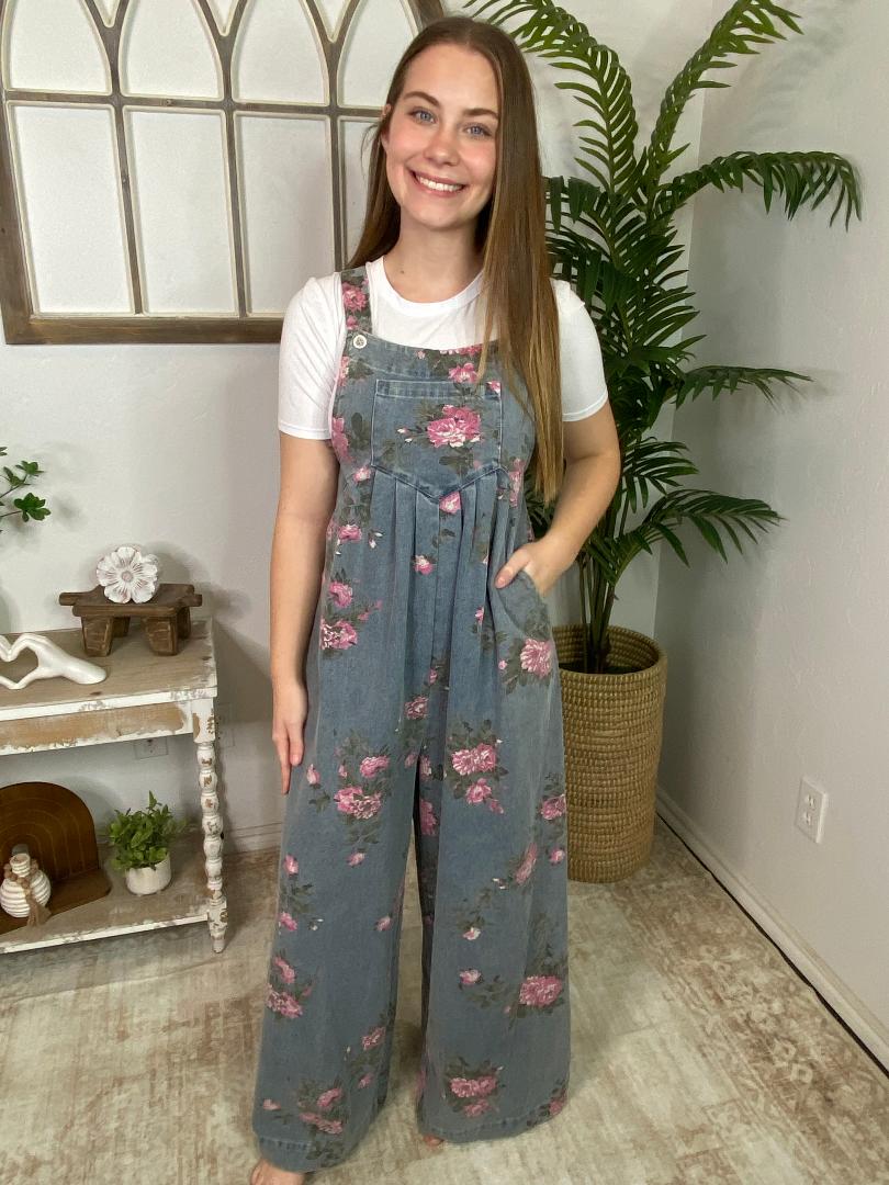 Floral Printed Washed Denim Wide Leg Overalls