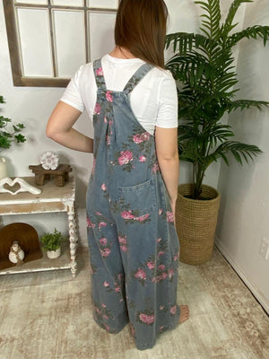 Floral Printed Washed Denim Wide Leg Overalls