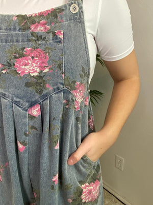 Floral Printed Washed Denim Wide Leg Overalls
