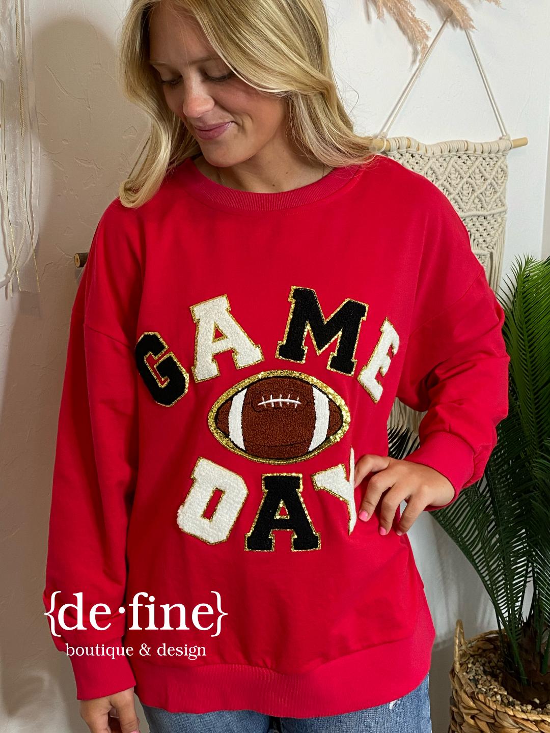 GAME DAY Chenille Letters Sweatshirt in Red or Orange