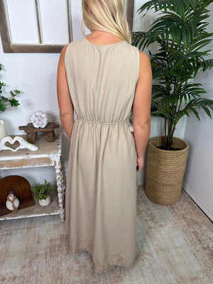 Brown or Taupe Suede Feel Midi Dress with Lace Trim