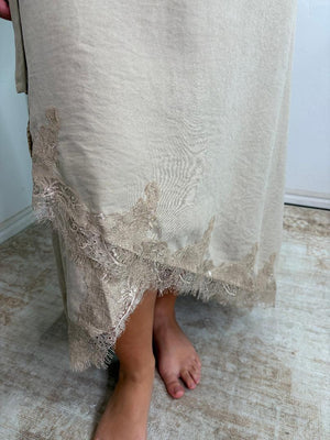 Brown or Taupe Suede Feel Midi Dress with Lace Trim