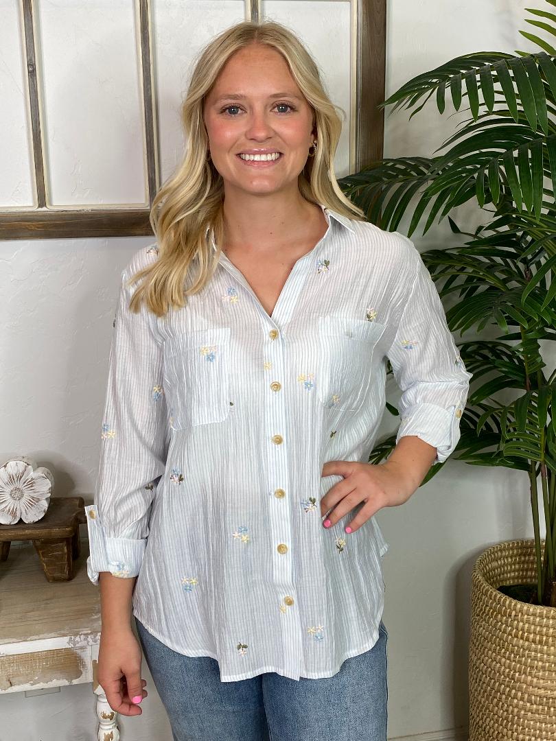 Blue and White Pinstripe Button Down Shirt with Embroidered Flowers S-3XL