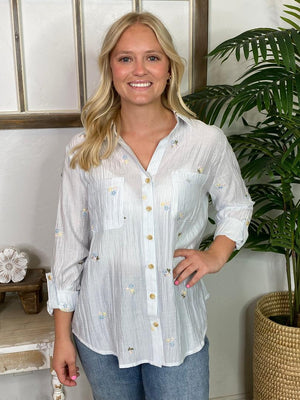 Blue and White Pinstripe Button Down Shirt with Embroidered Flowers S-3XL