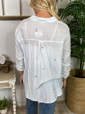 Blue and White Pinstripe Button Down Shirt with Embroidered Flowers S-3XL