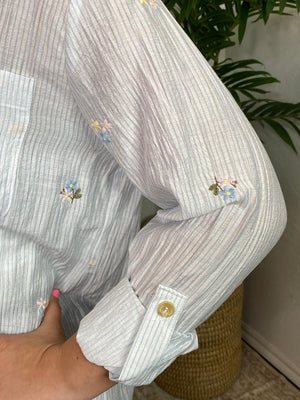 Blue and White Pinstripe Button Down Shirt with Embroidered Flowers S-3XL