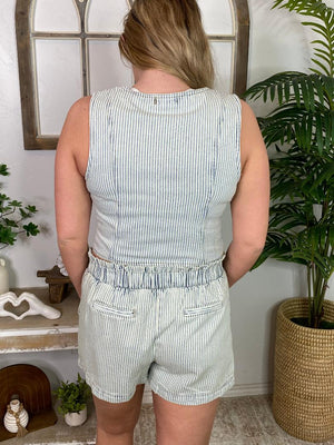 Washed Striped Denim Drawstring Waist Shorts and Matching Vest