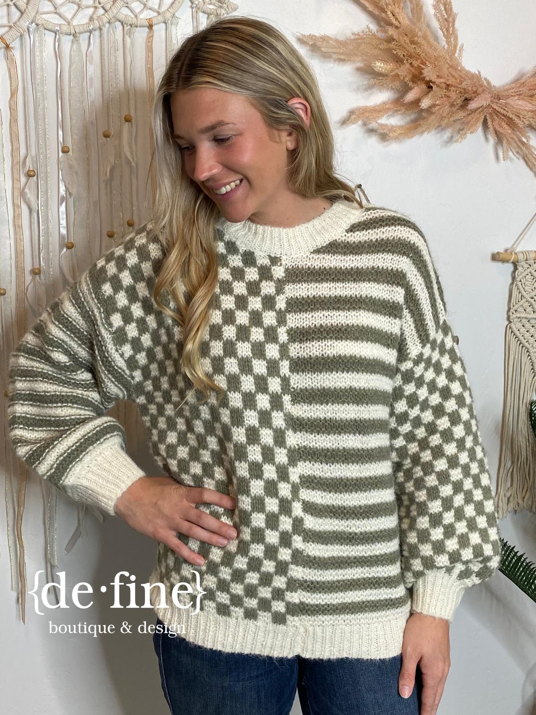 Olive and Ivory Checker and Stripe Sweater