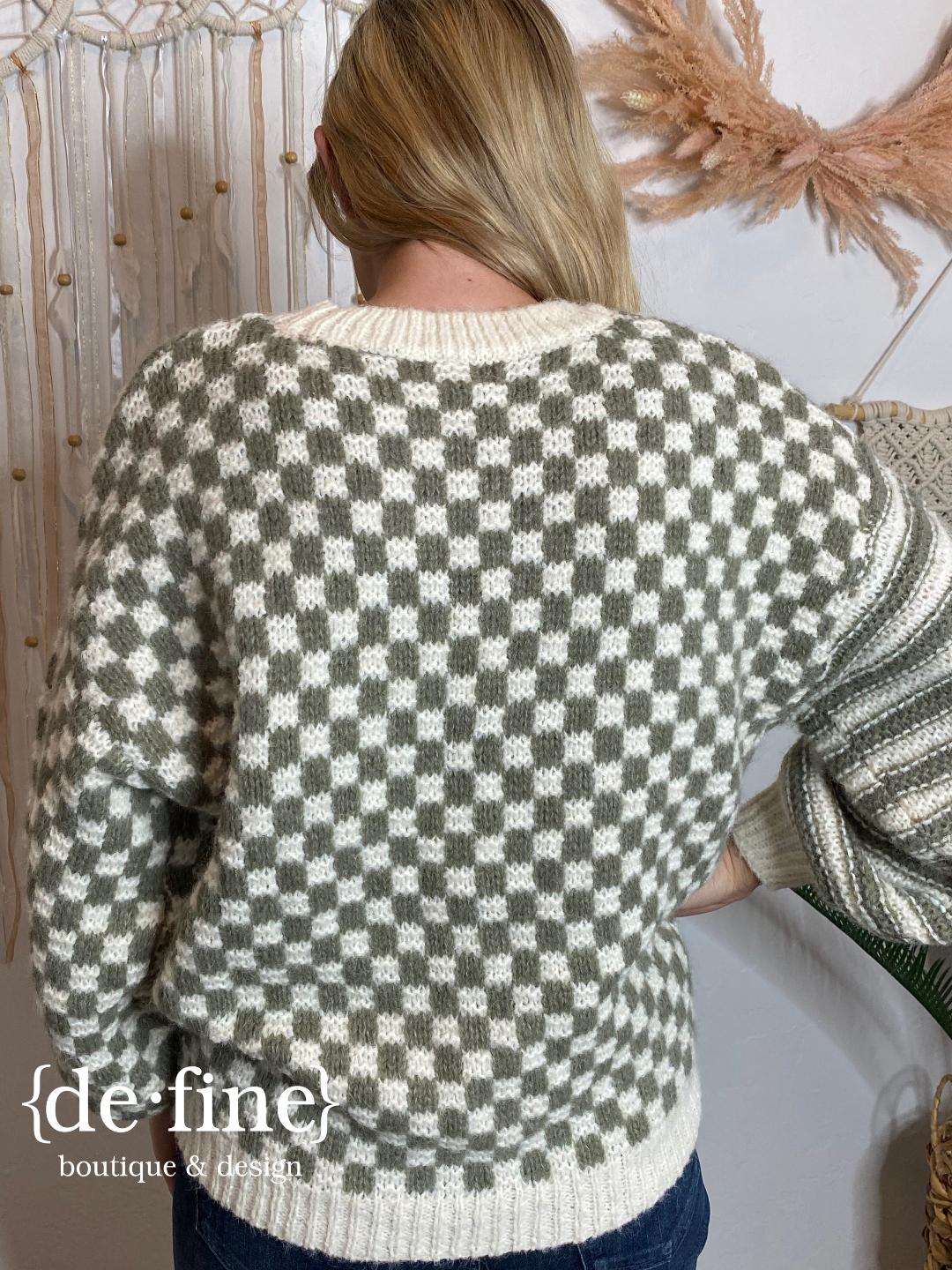 Olive and Ivory Checker and Stripe Sweater