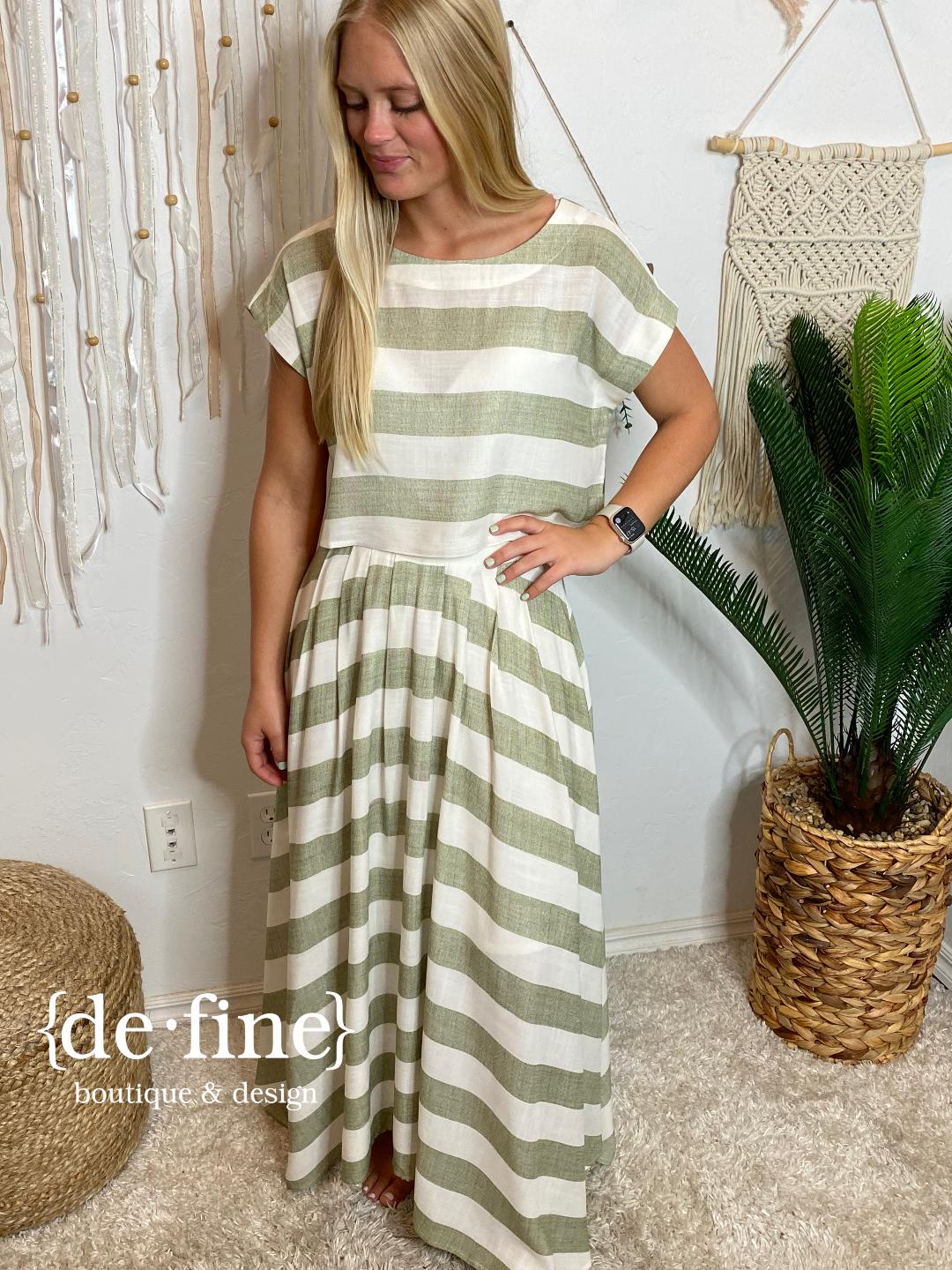 Say Anything Olive and White Striped Top & Skirt - Sold as a Set