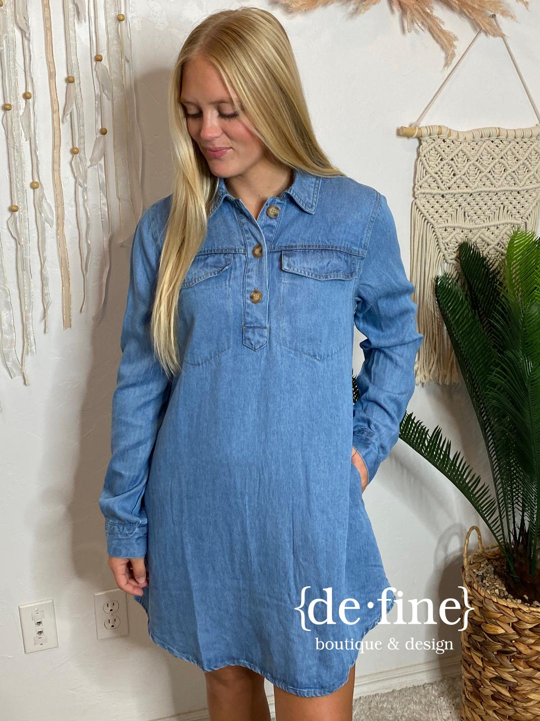 Washed Denim Long Sleeve Mini Shirt Dress