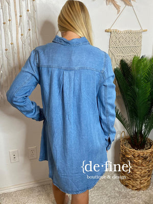 Washed Denim Long Sleeve Mini Shirt Dress