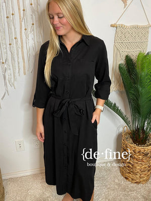 Black Midi Button Down Dress with 3/4 Sleeves