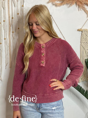 Burgundy Mineral Wash Henley Sweater