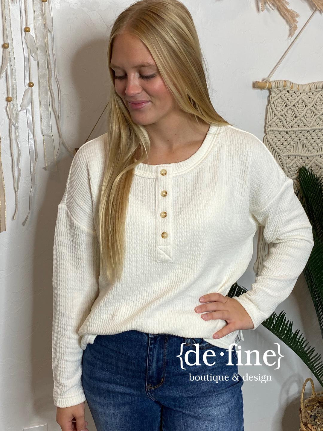 Cream Waffle Knit Henley in Regular & Curvy