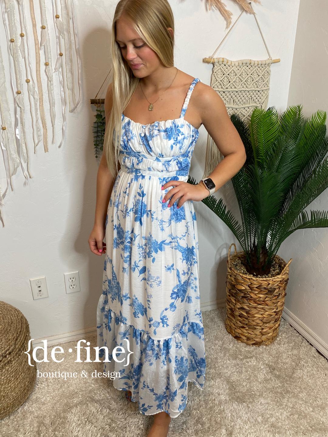 Photo Worthy Blue and White Floral Maxi Sundress