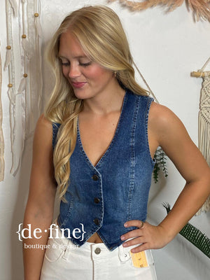 Denim V-Neck Button Down Vest