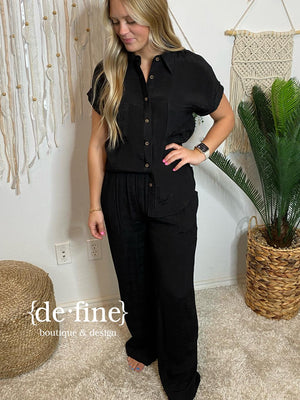 Lightweight Button Up Top and Pants Set in Fuchsia or Black in Regular & Curvy