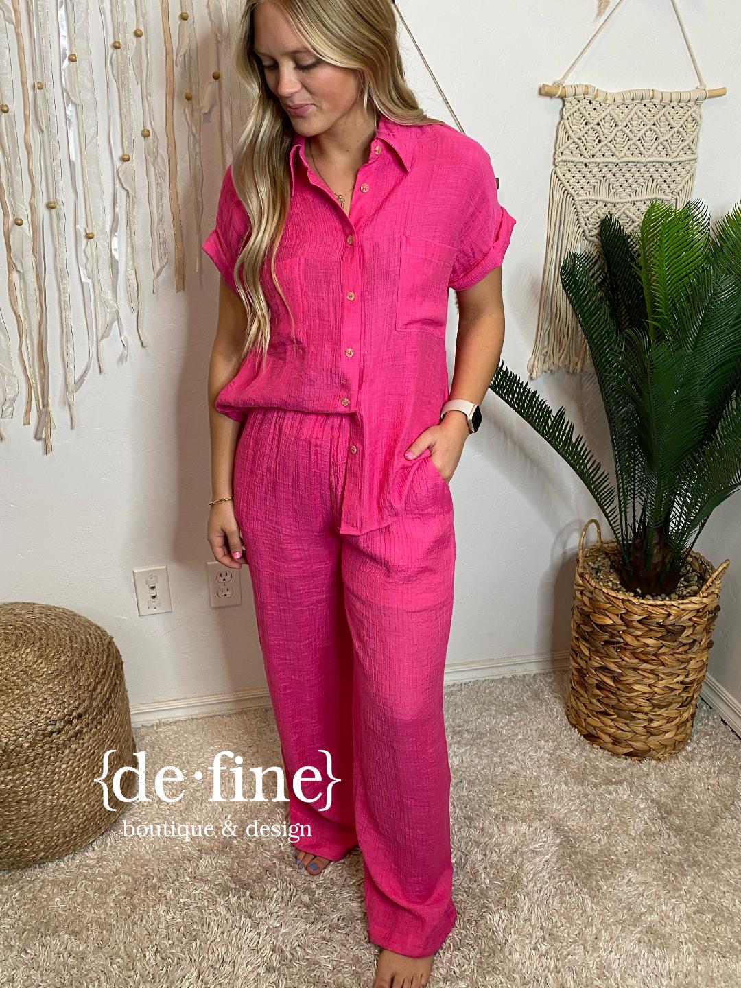Lightweight Button Up Top and Pants Set in Fuchsia or Black in Regular & Curvy