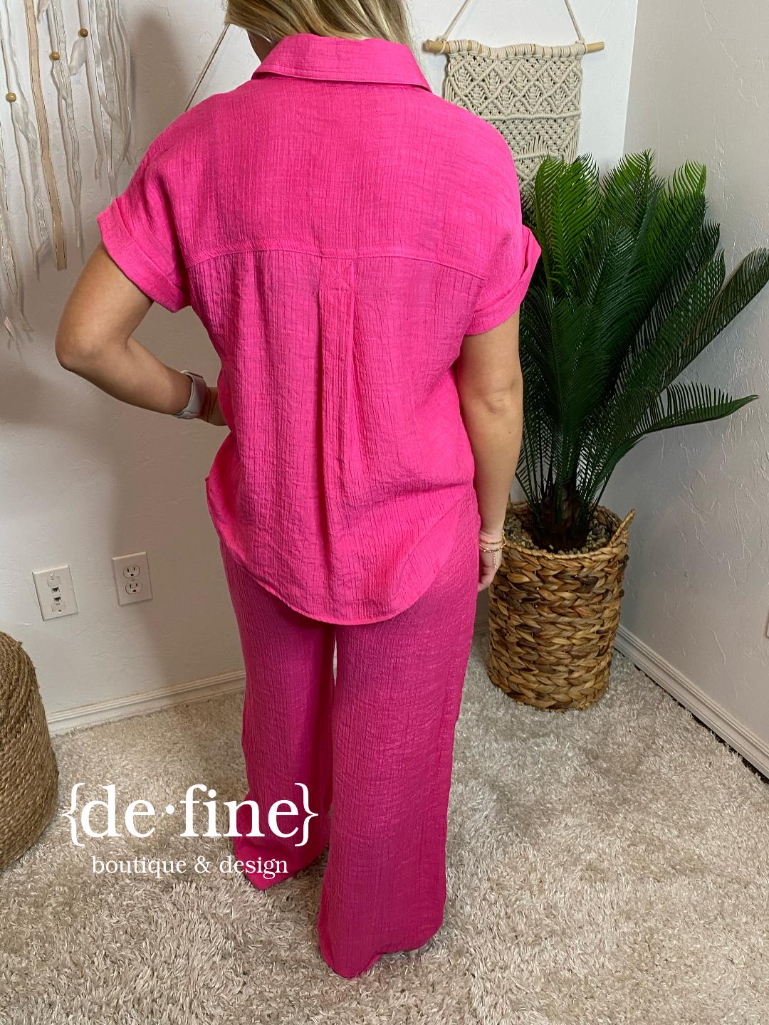 Fuchsia Lightweight Button Up Top and Pants Set