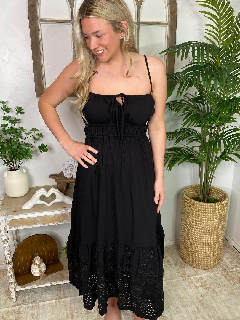 Black Sundress with Eyelet Scallop Hem