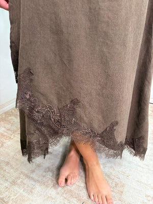 Brown or Taupe Suede Feel Midi Dress with Lace Trim