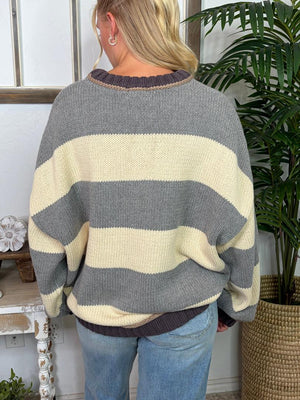 Chunky Grey and Cream Striped Sweater