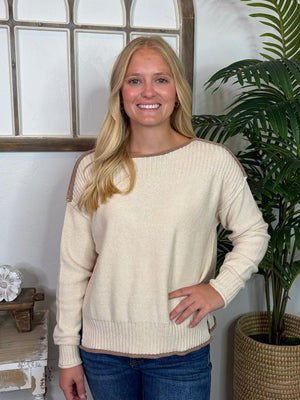 Natural Boat Neck Sweater with Taupe Trim