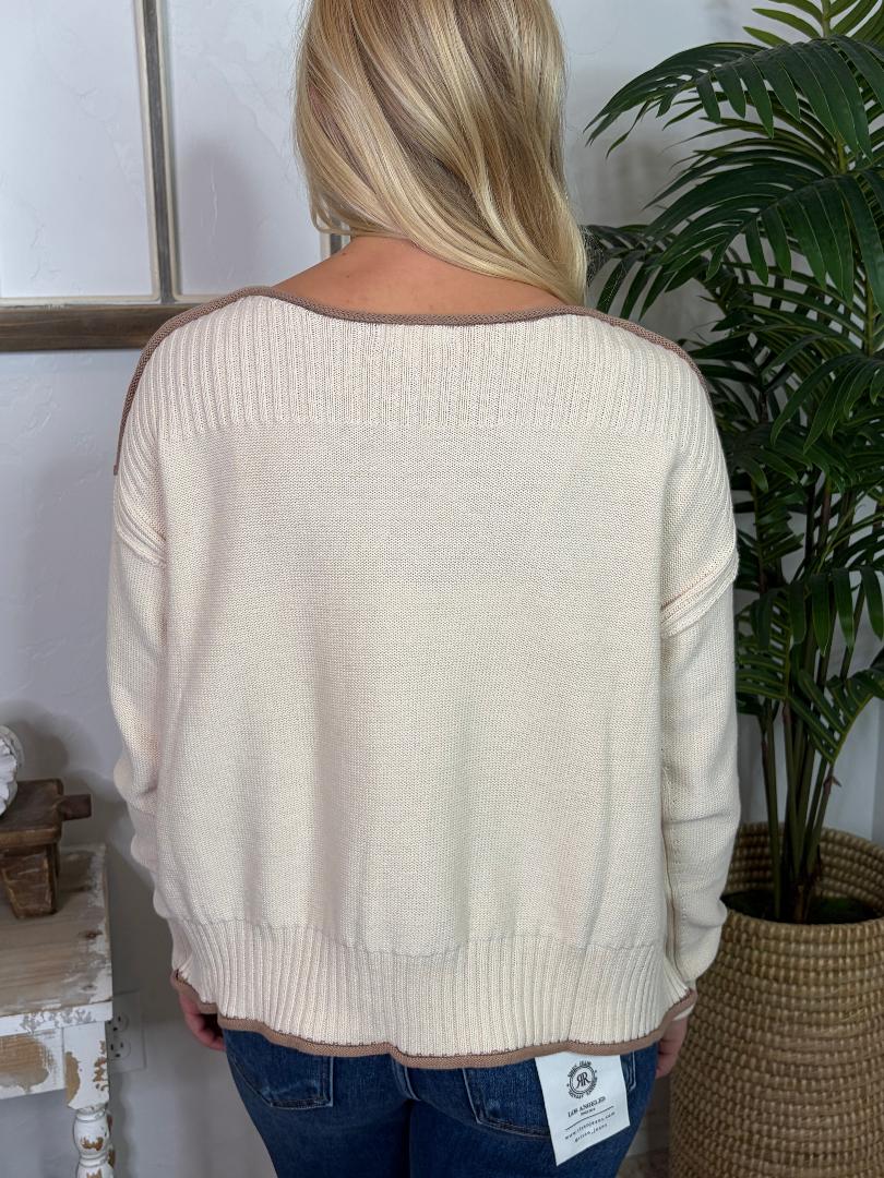 Natural Boat Neck Sweater with Taupe Trim