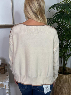 Natural Boat Neck Sweater with Taupe Trim
