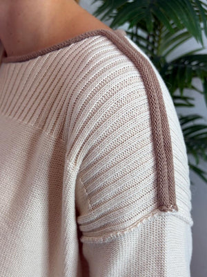 Natural Boat Neck Sweater with Taupe Trim