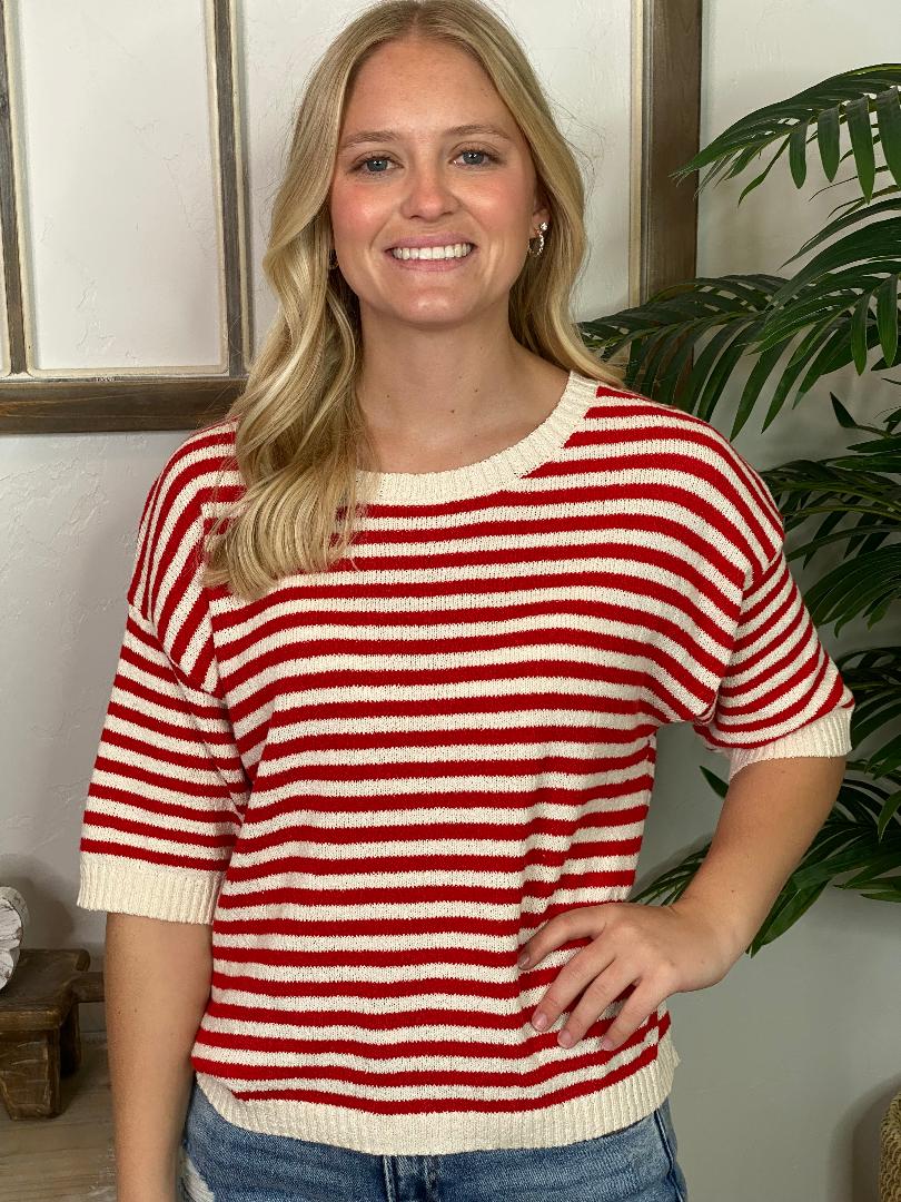 Red and White Striped Sweater with Button Back