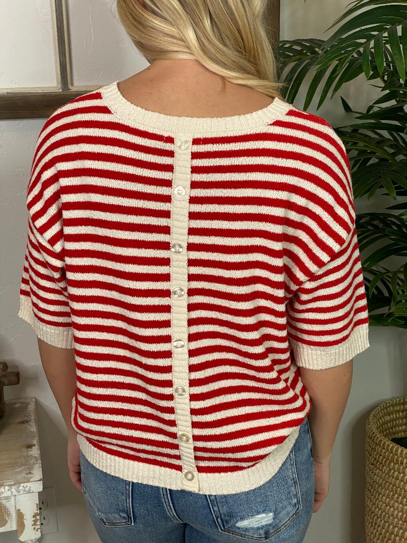 Red and White Striped Sweater with Button Back
