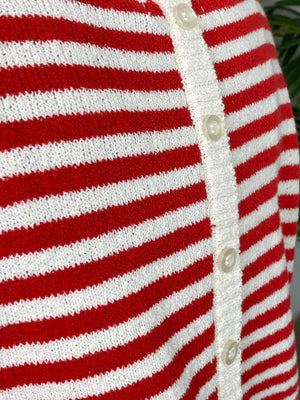Red and White Striped Sweater with Button Back
