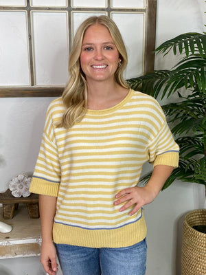 Yellow and White Striped Short Sleeve Sweater with Blue Accents