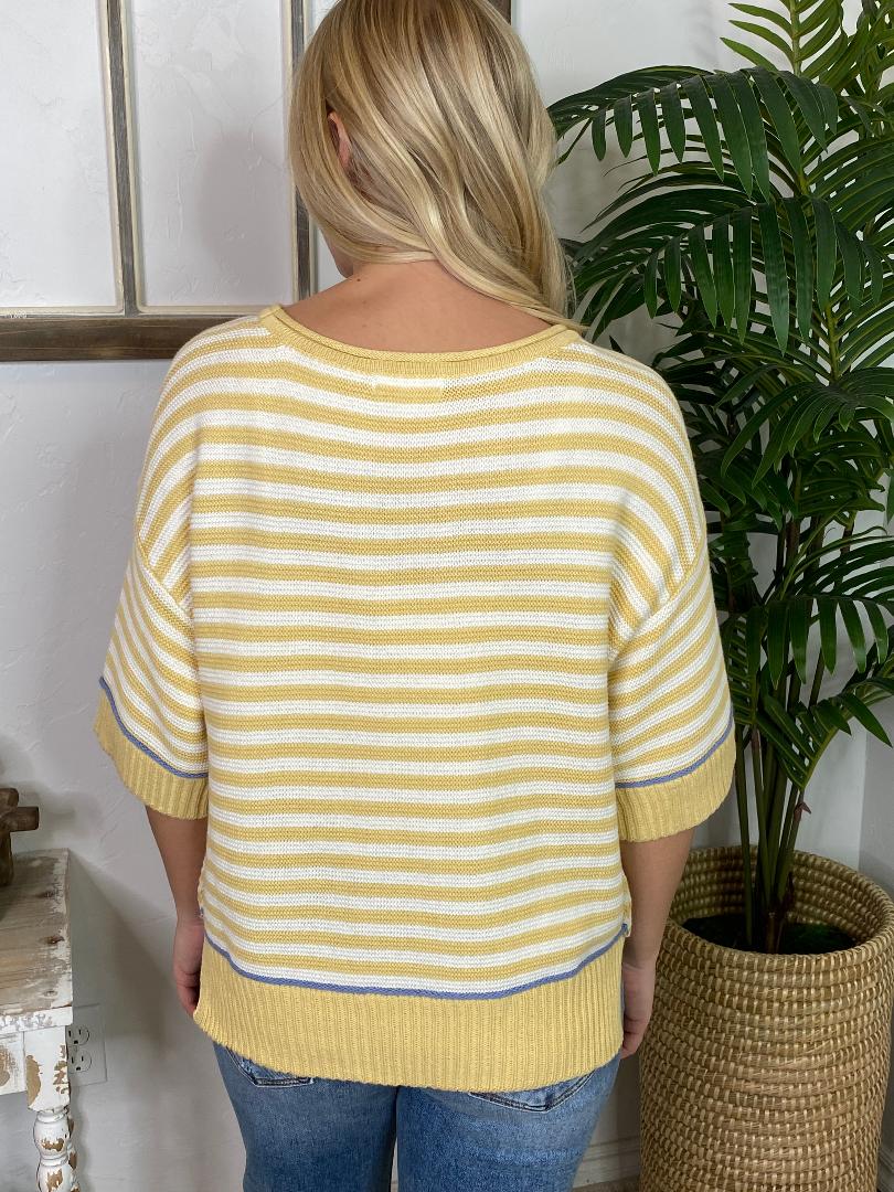 Yellow and White Striped Short Sleeve Sweater with Blue Accents