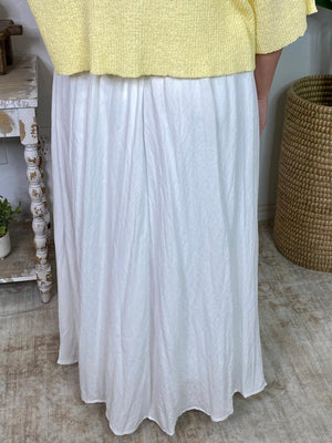 White Floral Embroidered Pleated Midi Skirt
