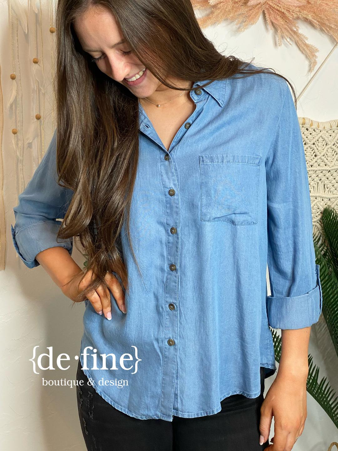 Long Sleeve Chambray Button Up with Pocket in Regular & Curvy