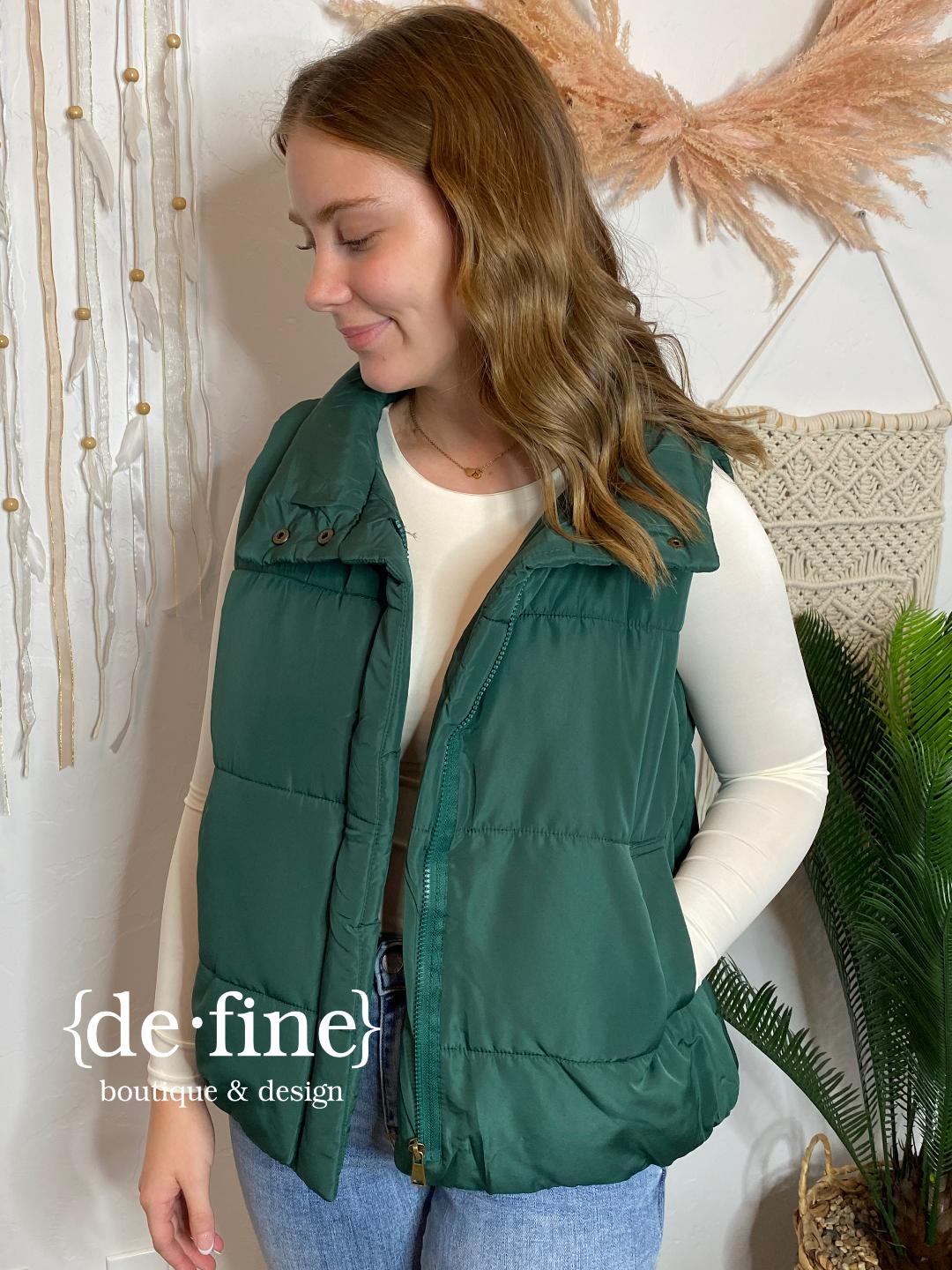 Puffy Zip Up Vest in Hunter Green, Mocha and Black