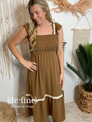 Brown Smocked Ruffle with Ivory Detail Midi Dress