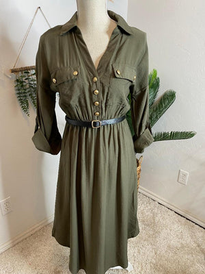 Olive Button Down Midi with Gold Buttons